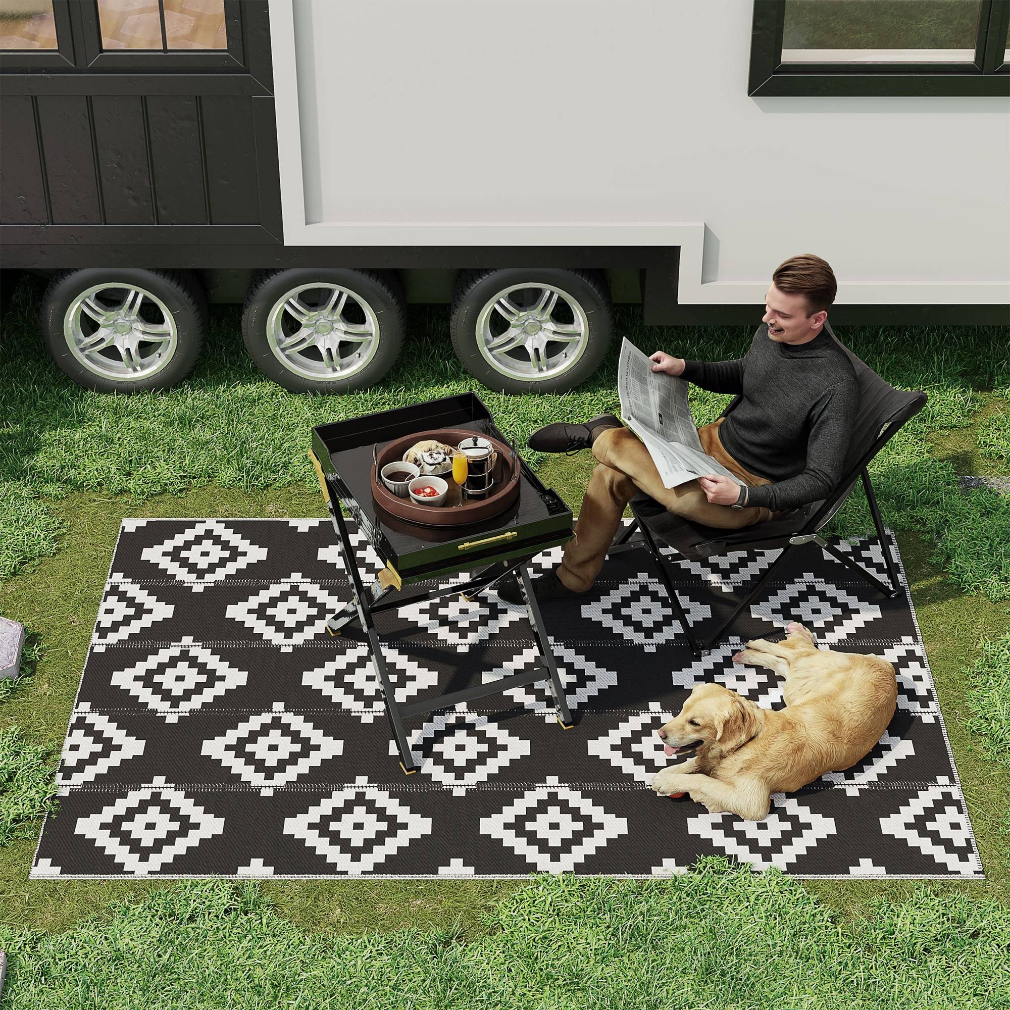Tapis extérieur réversible Polypropylène Balcon terrasse Motif géométrique 182x274cm Noir - ComfortXL Outdoor Living - Image 1