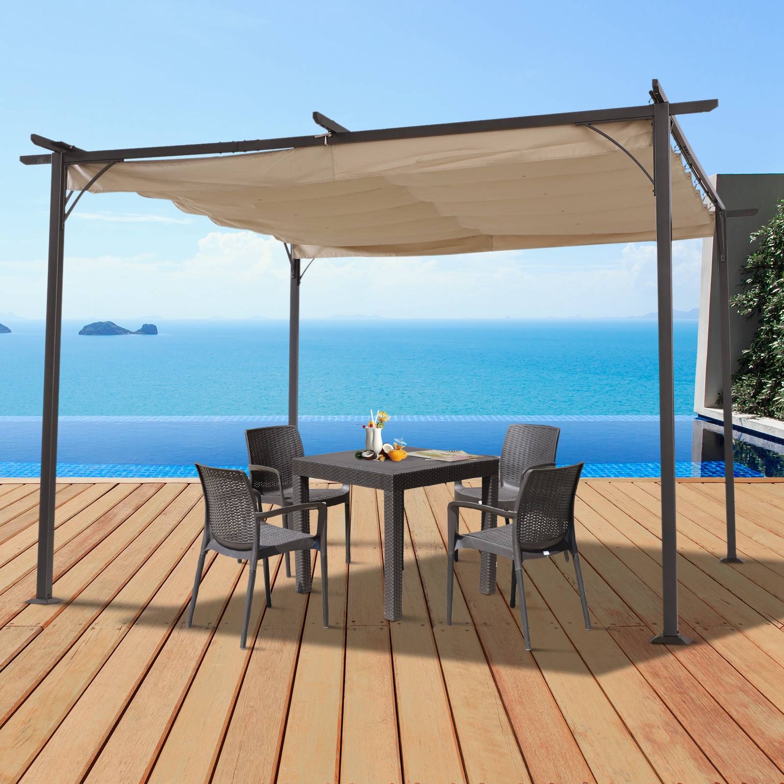 Outsunny - Pergola rétractable 4x4m structure métal époxy anticorrosion + toile polyester 180g/m² noire et beige - Outsunny - Image 2