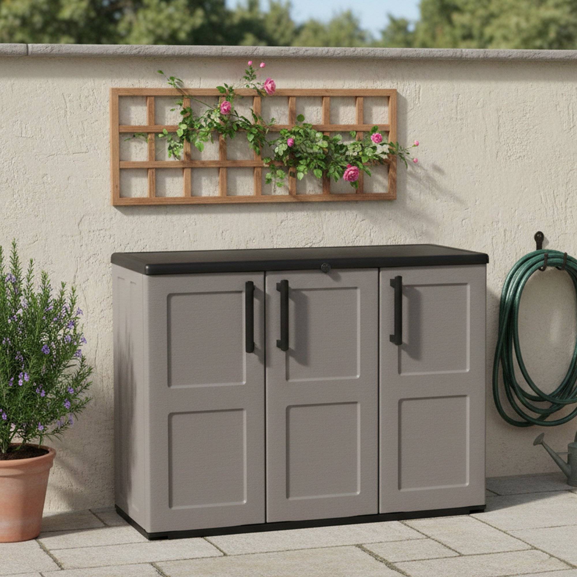 Dmora - Armoire d'extérieur Gesves, Armoire de balcon polyvalente, Armoire d'extérieur 3 portes, 102x37h84 cm, Gris et Noir, Finition à carreaux - Dmora - Imagen 2