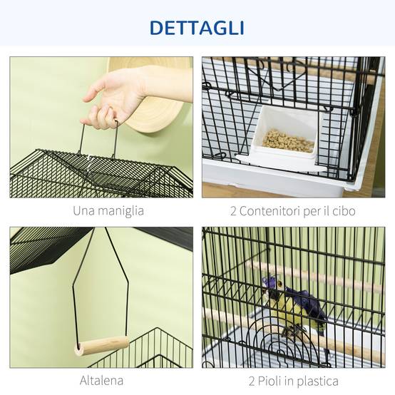 Cage pour oiseaux en métal et plastique avec poignée de transport et bac amovible, 50,5x41x63 cm, blanc - Image 6