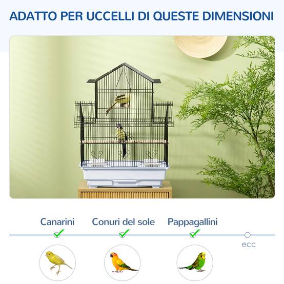 Cage pour oiseaux en métal et plastique avec poignée de transport et bac amovible, 50,5x41x63 cm, blanc - Image 9
