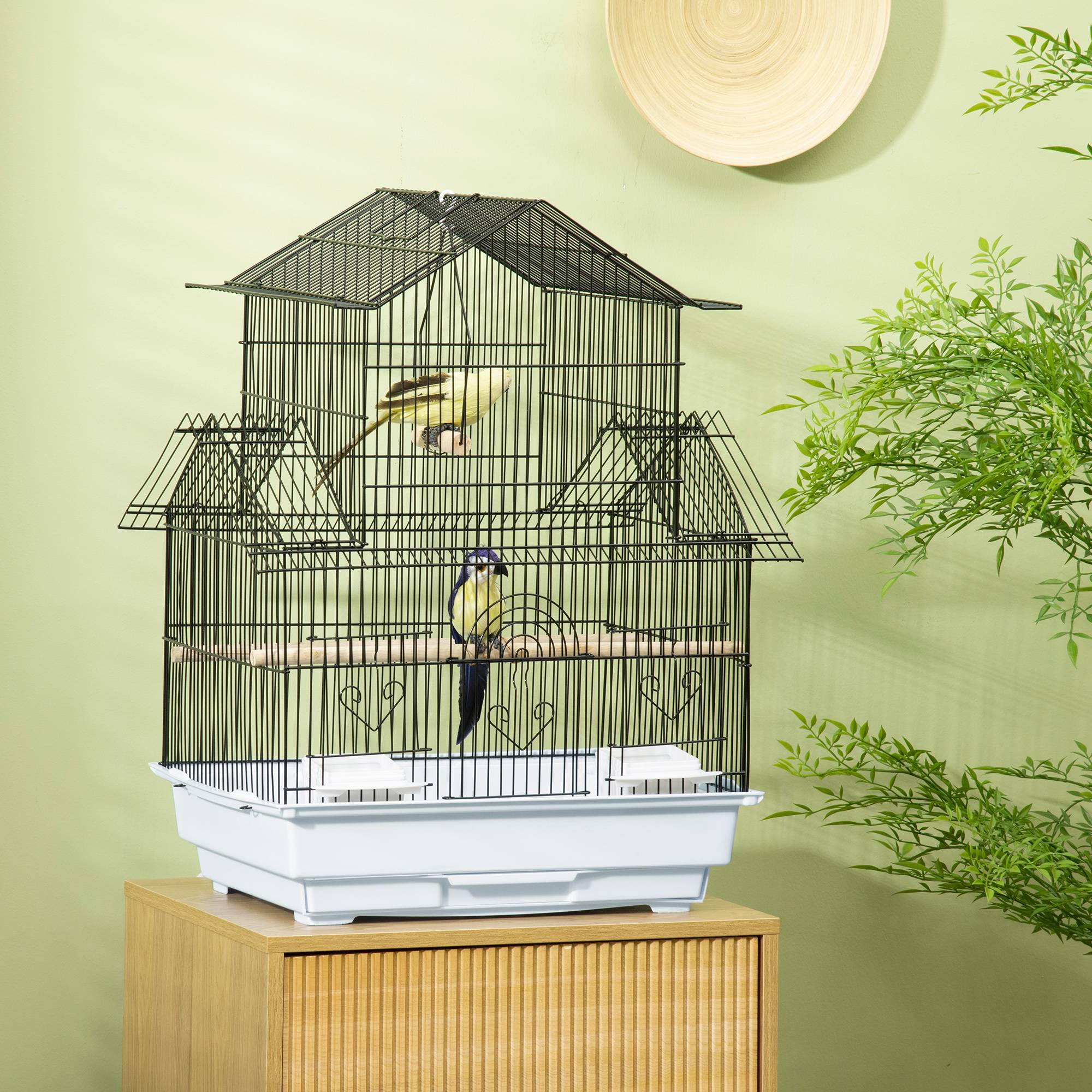 Cage pour oiseaux en métal et plastique avec poignée de transport et bac amovible, 50,5x41x63 cm, blanc - Image 3