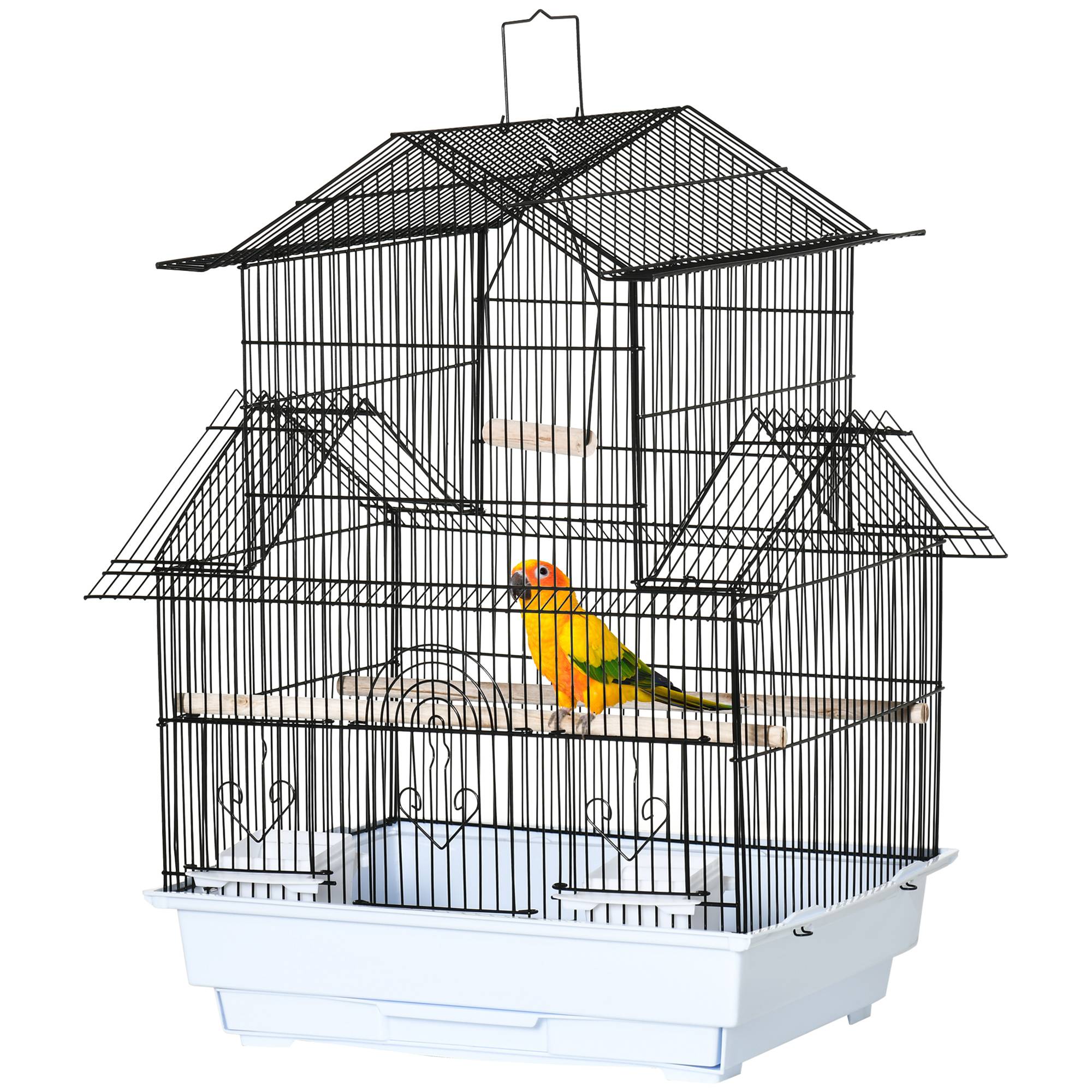 Cage pour oiseaux en métal et plastique avec poignée de transport et bac amovible, 50,5x41x63 cm, blanc - Image 2