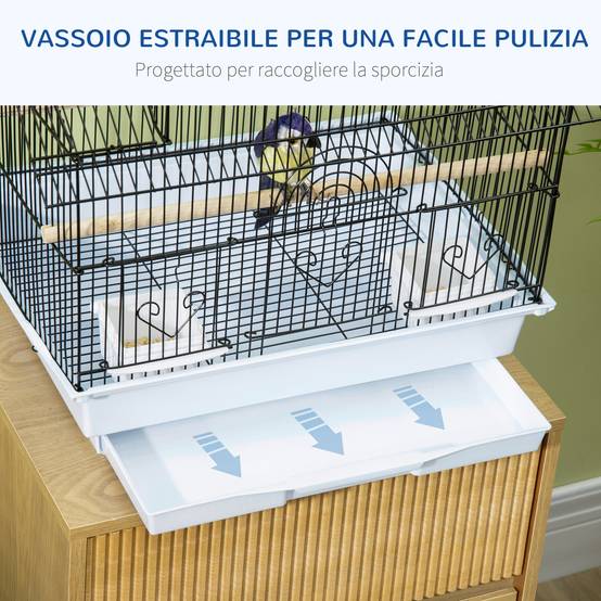 Cage pour oiseaux en métal et plastique avec poignée de transport et bac amovible, 50,5x41x63 cm, blanc - Image 7