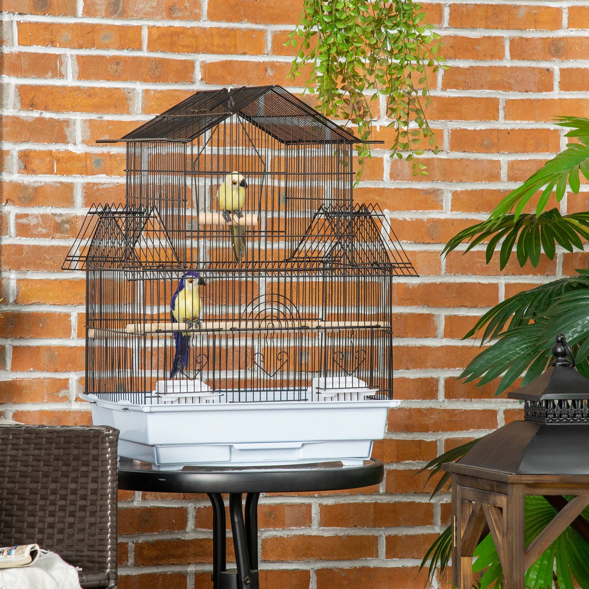 Cage pour oiseaux en métal et plastique avec poignée de transport et bac amovible, 50,5x41x63 cm, blanc - Image 4