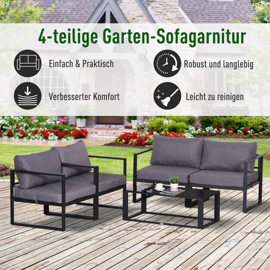 Ensemble de mobilier de jardin 4 pièces, canapé avec coussins et table avec rangement, polyester Gris, 138 x 69 x 63 cm - Image 4