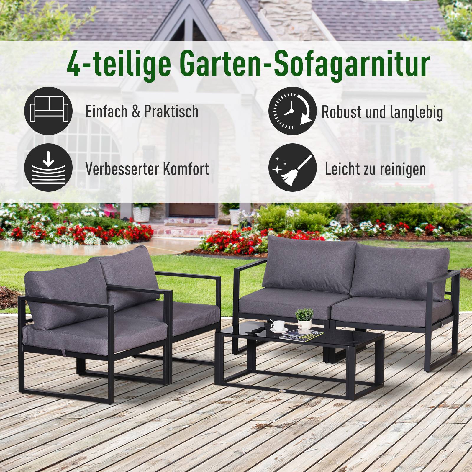 Ensemble de mobilier de jardin 4 pièces, canapé avec coussins et table avec rangement, polyester Gris, 138 x 69 x 63 cm - Image 4