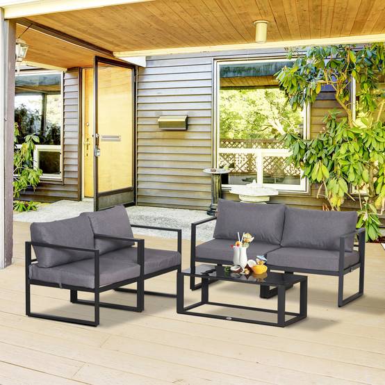 Ensemble de mobilier de jardin 4 pièces, canapé avec coussins et table avec rangement, polyester Gris, 138 x 69 x 63 cm - Image 2