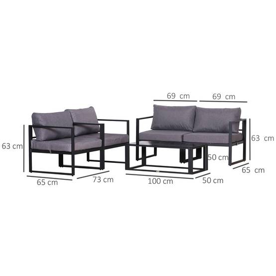 Ensemble de mobilier de jardin 4 pièces, canapé avec coussins et table avec rangement, polyester Gris, 138 x 69 x 63 cm - Image 3