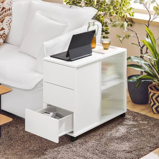 SoBuy Table Basse Roulante avec 3 Tiroirs en Bois et Verre Blanc 70x35x61 cm FBT141-W pour Salon, Bureau et Chambre - Image 10