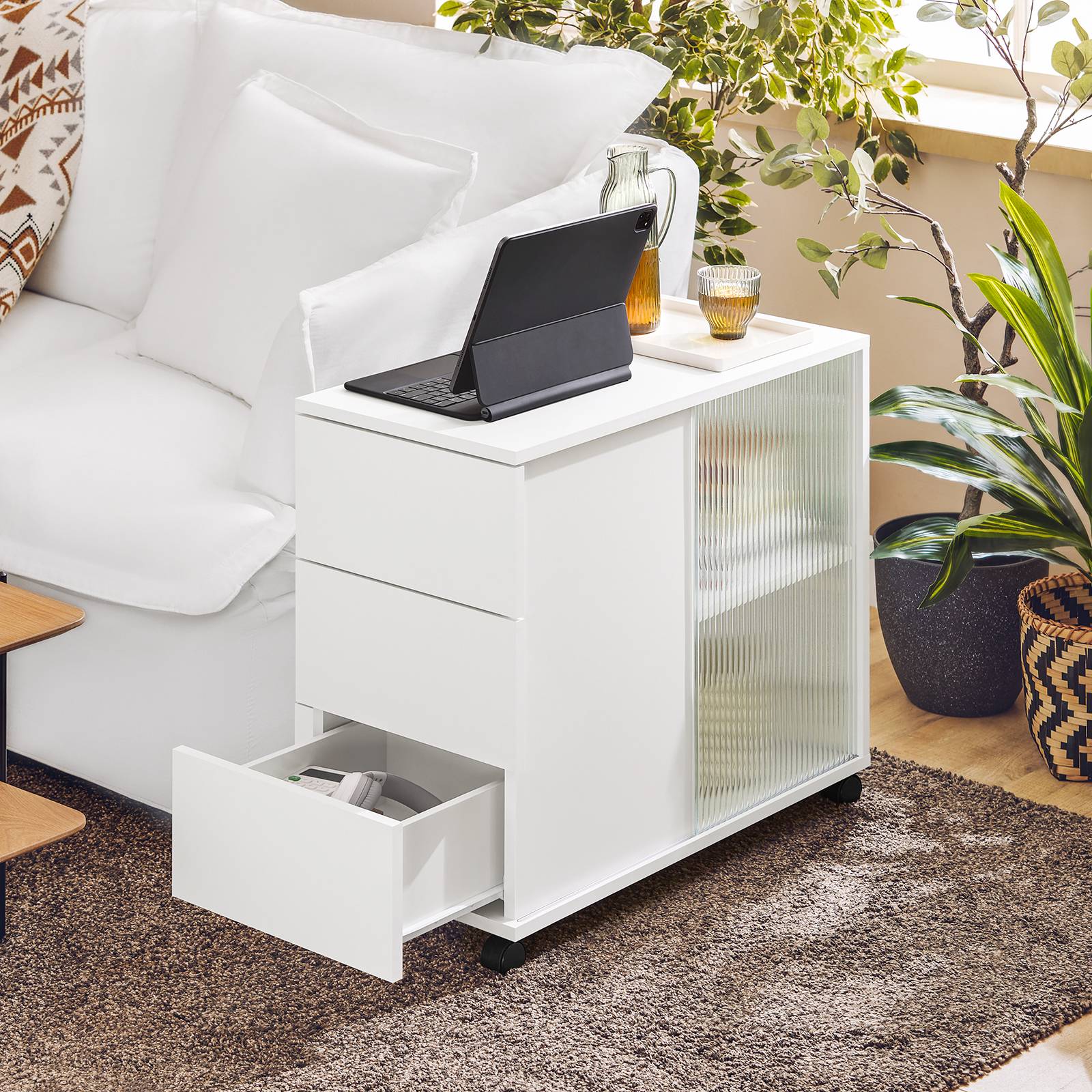 SoBuy Table Basse Roulante avec 3 Tiroirs en Bois et Verre Blanc 70x35x61 cm FBT141-W pour Salon, Bureau et Chambre - Image 10