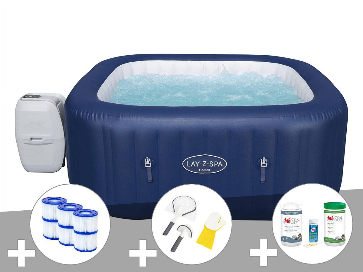 Bestway - Kit spa gonflable Bestway Lay-Z-Spa Hawaii carré Airjet 4/6 places + 6 filtres + Kit traitement brome + Kit de nettoyage