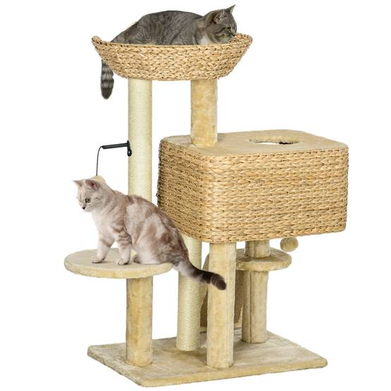 Arbre à chat bois jute intérieur niche 3 plateformes balles 60x40x98cm beige - ComfortXL Outdoor Living - Image 2