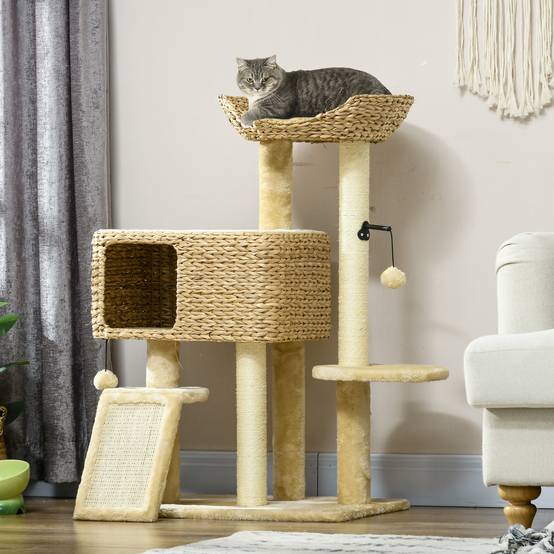 Arbre à chat bois jute intérieur niche 3 plateformes balles 60x40x98cm beige - ComfortXL Outdoor Living - Image 4