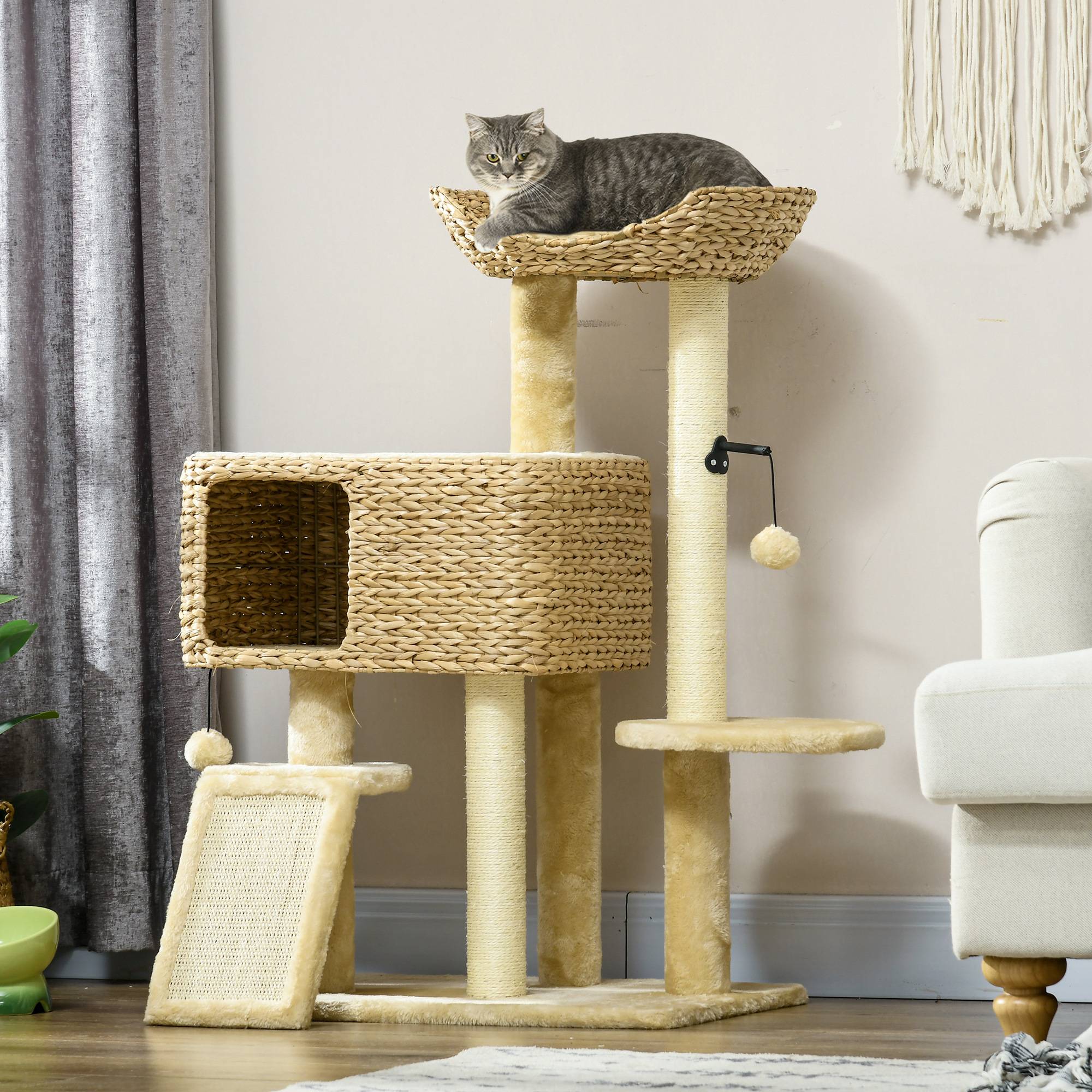 Arbre à chat bois jute intérieur niche 3 plateformes balles 60x40x98cm beige - ComfortXL Outdoor Living - Image 4