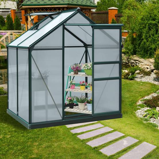 Serre de jardin polycarbonate 190 x 132 x 201 cm résistant aux UV 30+ fondation renforcé gouttière vert foncé - Image 3