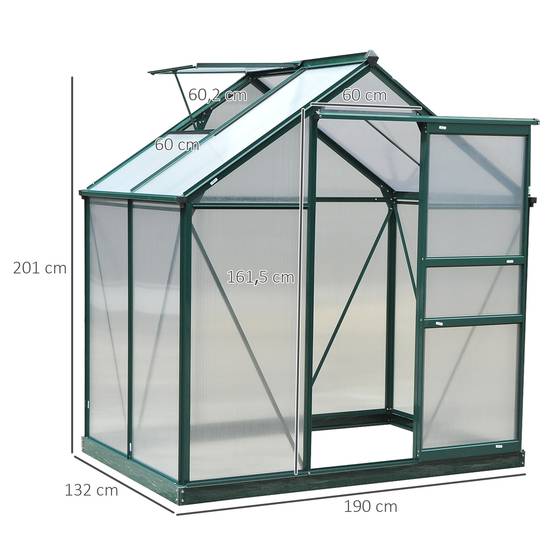 Serre de jardin polycarbonate 190 x 132 x 201 cm résistant aux UV 30+ fondation renforcé gouttière vert foncé - Image 5