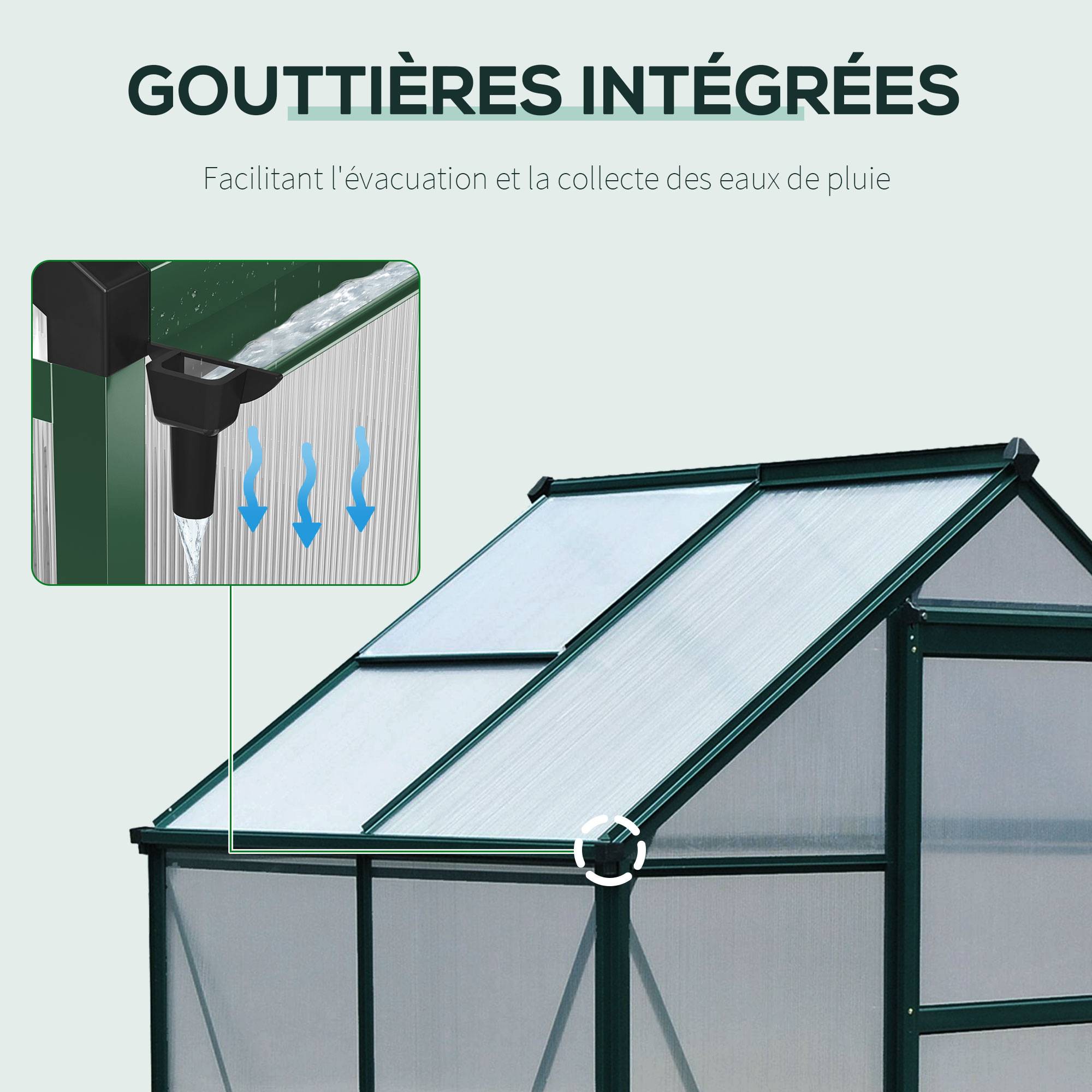 Serre de jardin polycarbonate 190 x 132 x 201 cm résistant aux UV 30+ fondation renforcé gouttière vert foncé - Image 9