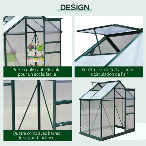 Serre de jardin polycarbonate 190 x 132 x 201 cm résistant aux UV 30+ fondation renforcé gouttière vert foncé - Image 6
