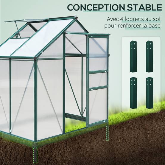 Serre de jardin polycarbonate 190 x 132 x 201 cm résistant aux UV 30+ fondation renforcé gouttière vert foncé - Image 8