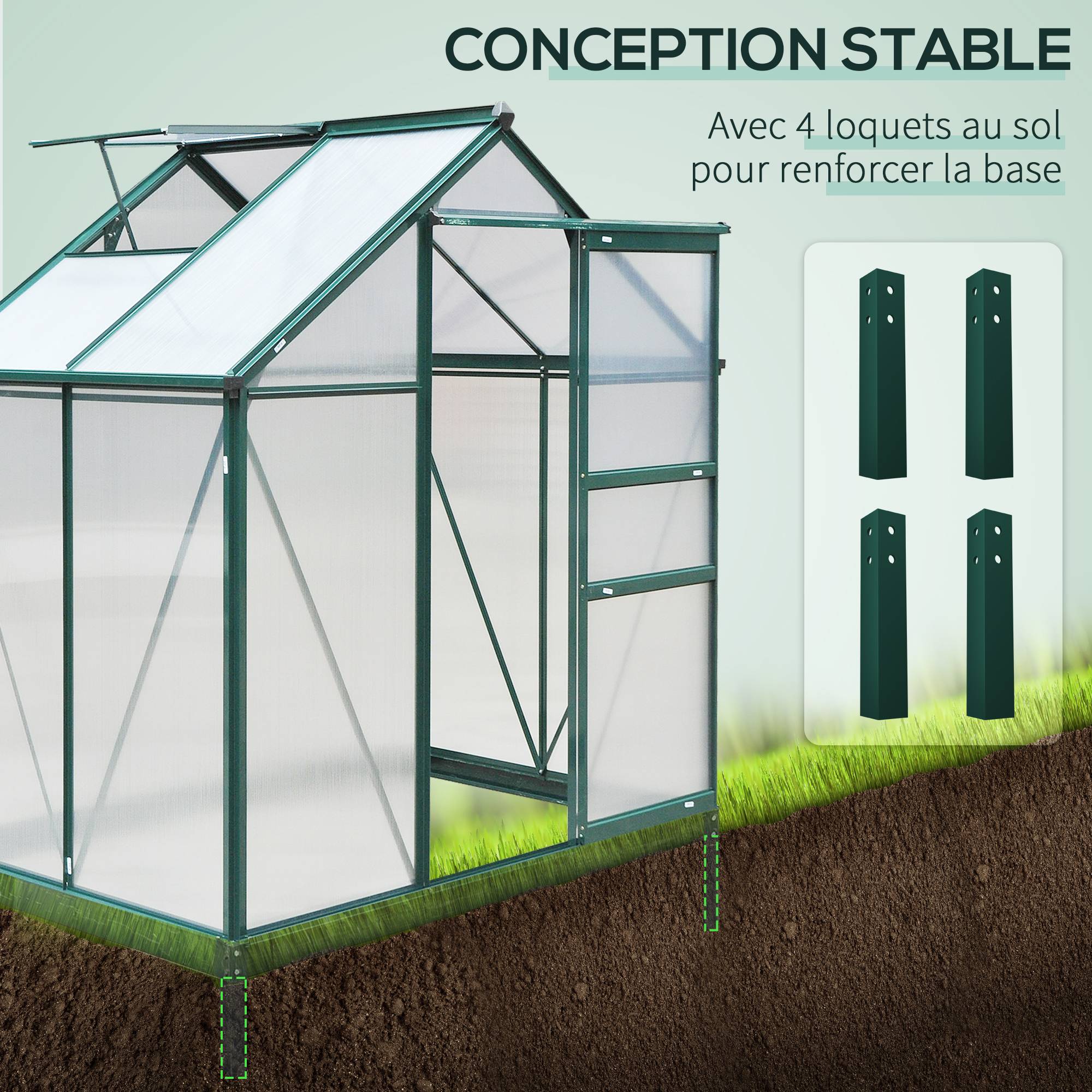 Serre de jardin polycarbonate 190 x 132 x 201 cm résistant aux UV 30+ fondation renforcé gouttière vert foncé - Image 8