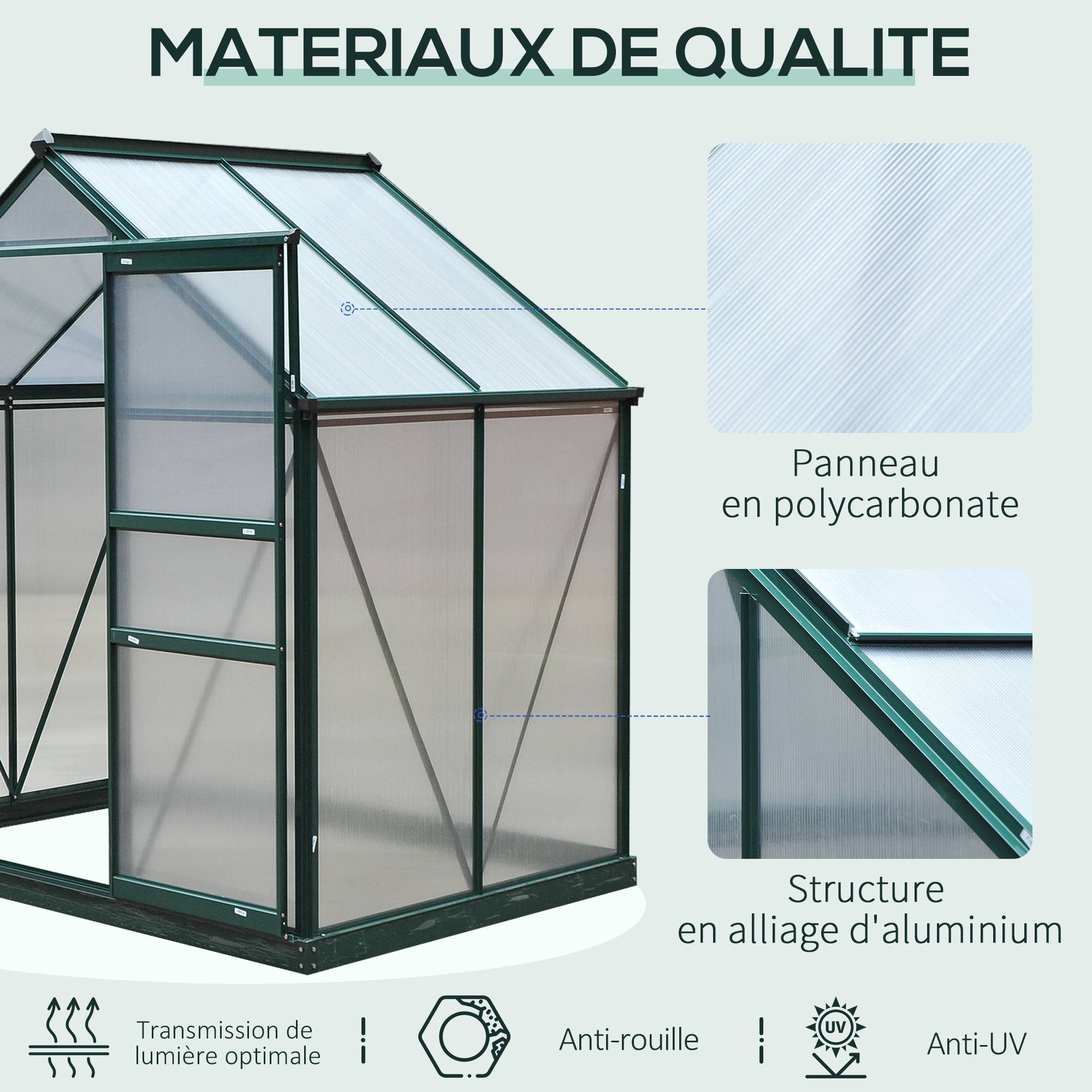 Serre de jardin polycarbonate 190 x 132 x 201 cm résistant aux UV 30+ fondation renforcé gouttière vert foncé - Image 7