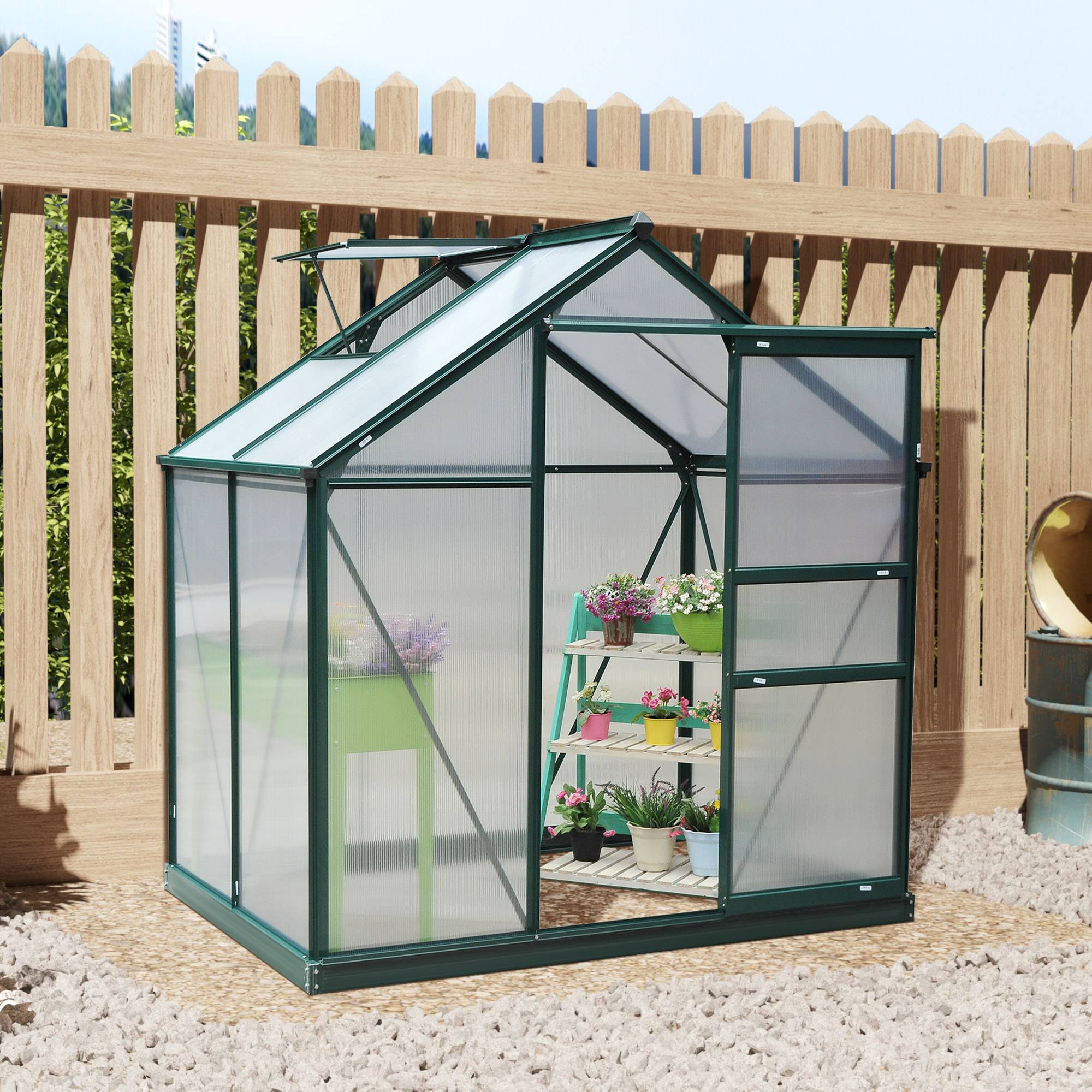 Serre de jardin polycarbonate 190 x 132 x 201 cm résistant aux UV 30+ fondation renforcé gouttière vert foncé - Image 4
