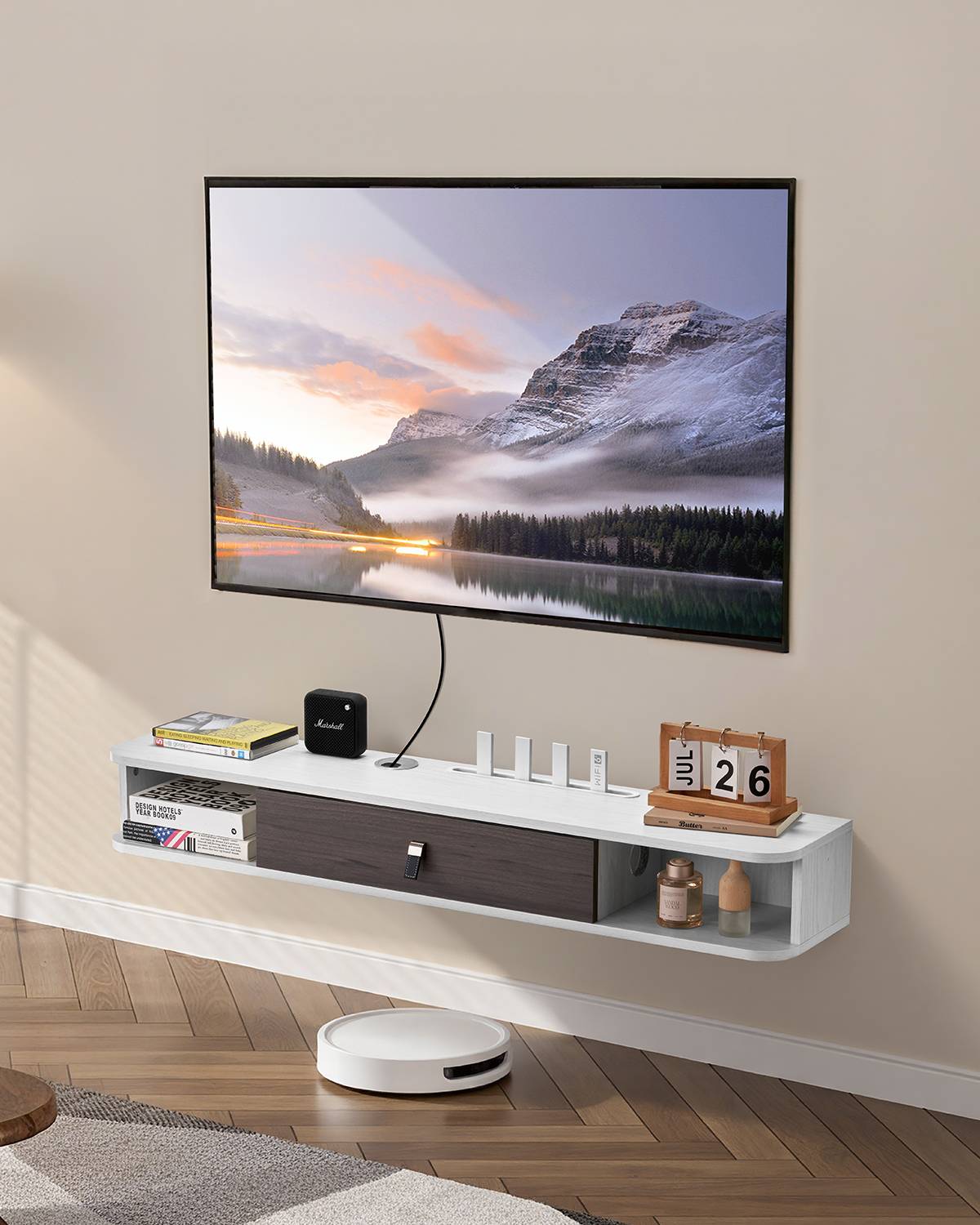VEVOR Meuble TV flottant 120 cm, blanc, avec passe-câbles. - Image 1