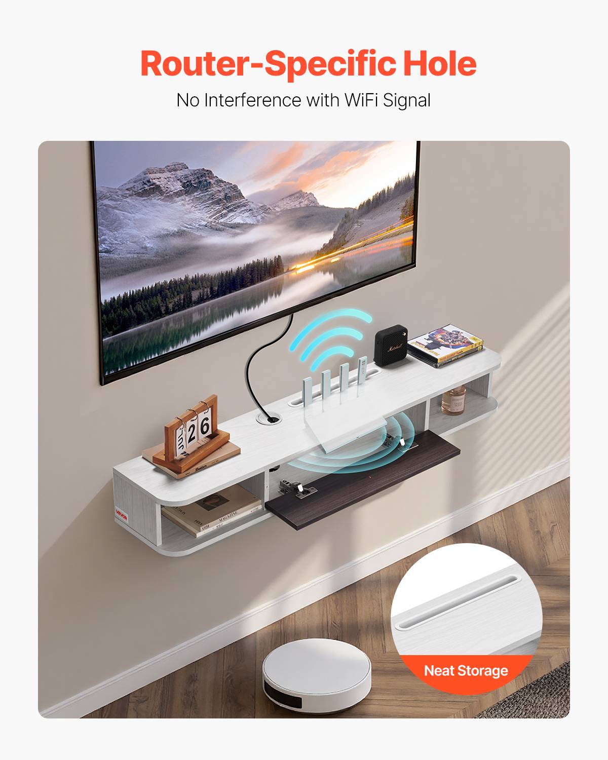 VEVOR Meuble TV flottant 120 cm, blanc, avec passe-câbles. - Image 3