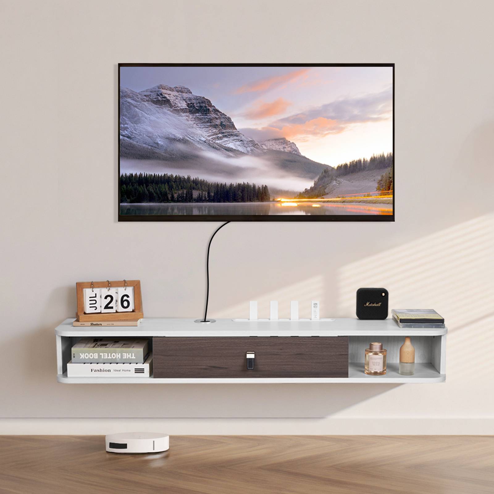 VEVOR Meuble TV flottant 120 cm, blanc, avec passe-câbles. - Image 8