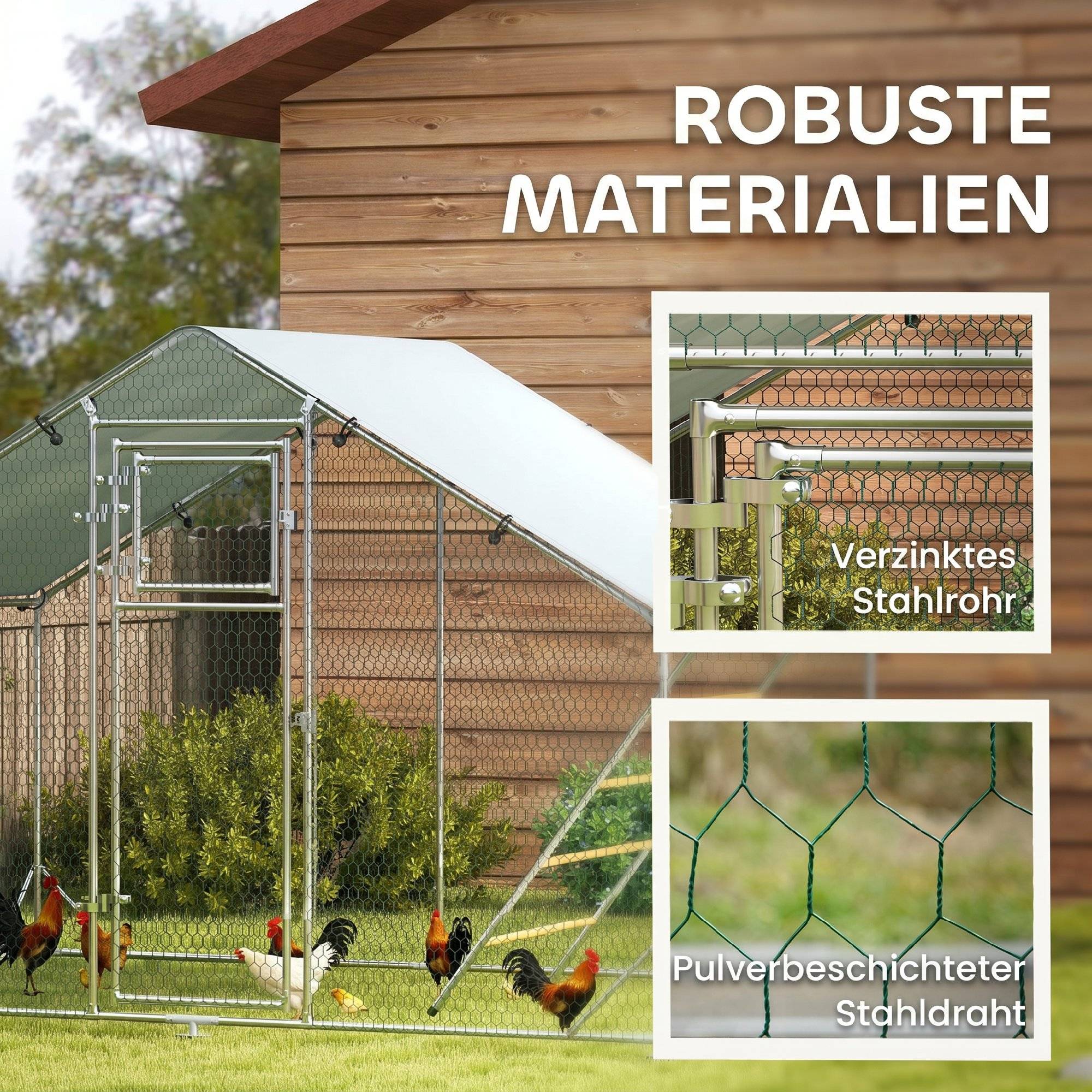 Poulailler, enclos pour poules élevées en plein air, avec bâche résistante aux UV, grillage en acier, mangeoire automatique, pour 6 à 8 poules - Image 10
