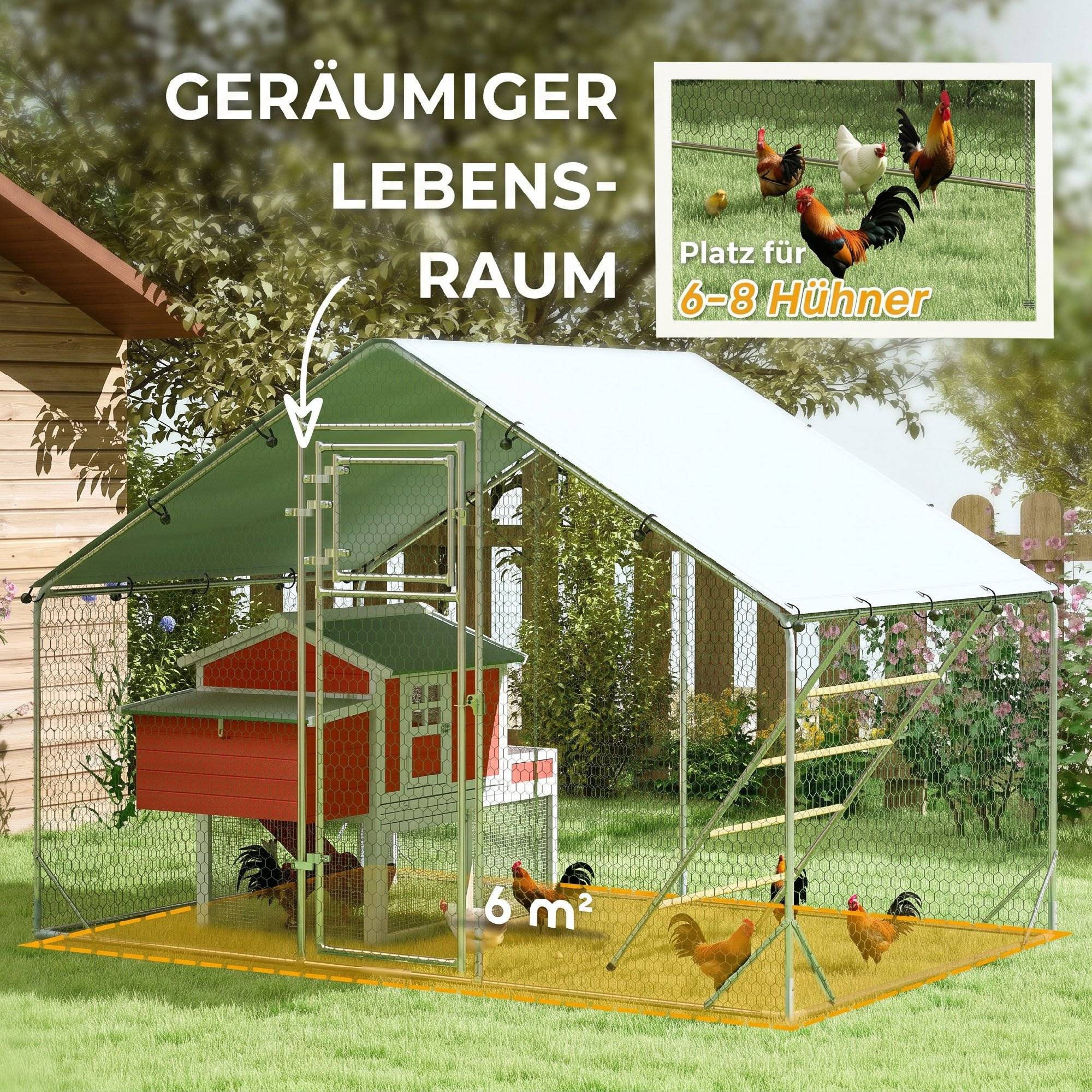 Poulailler, enclos pour poules élevées en plein air, avec bâche résistante aux UV, grillage en acier, mangeoire automatique, pour 6 à 8 poules - Image 6