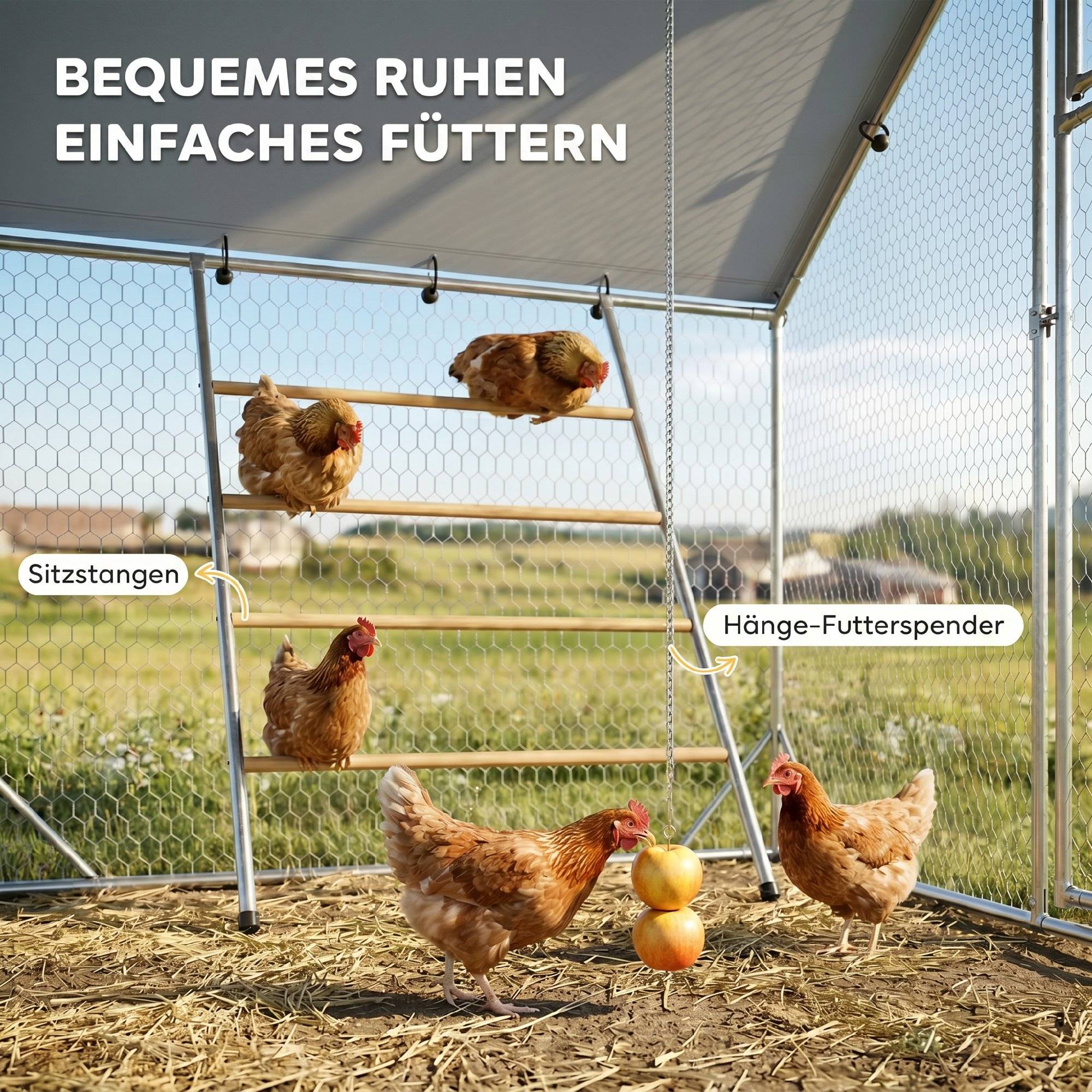 Poulailler, enclos pour poules élevées en plein air, avec bâche résistante aux UV, grillage en acier, mangeoire automatique, pour 6 à 8 poules - Image 7