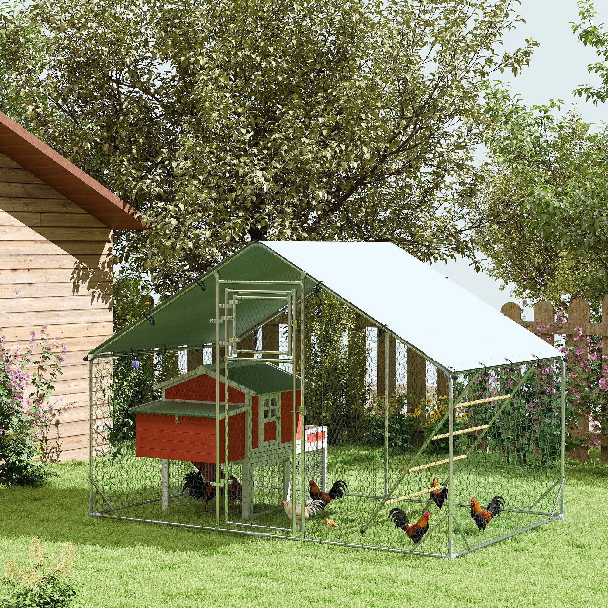Poulailler, enclos pour poules élevées en plein air, avec bâche résistante aux UV, grillage en acier, mangeoire automatique, pour 6 à 8 poules - Image 3