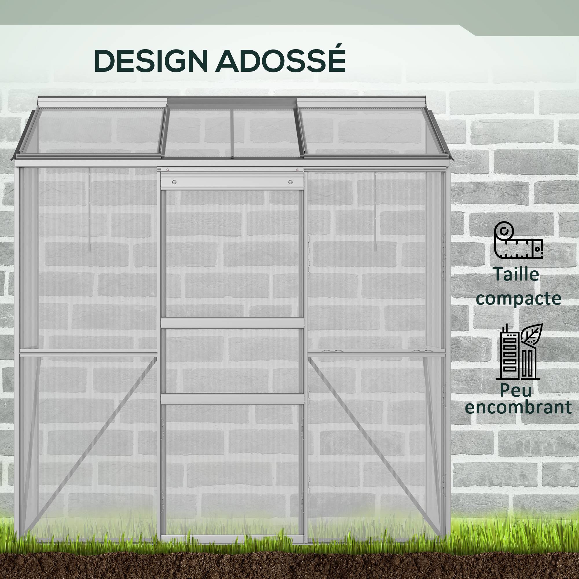 Serre adossée serre de jardin fenêtres ouvrables à 5 niveaux panneau en PC cadre aluminium 192 x 68 x 196 cm transparent - Image 6