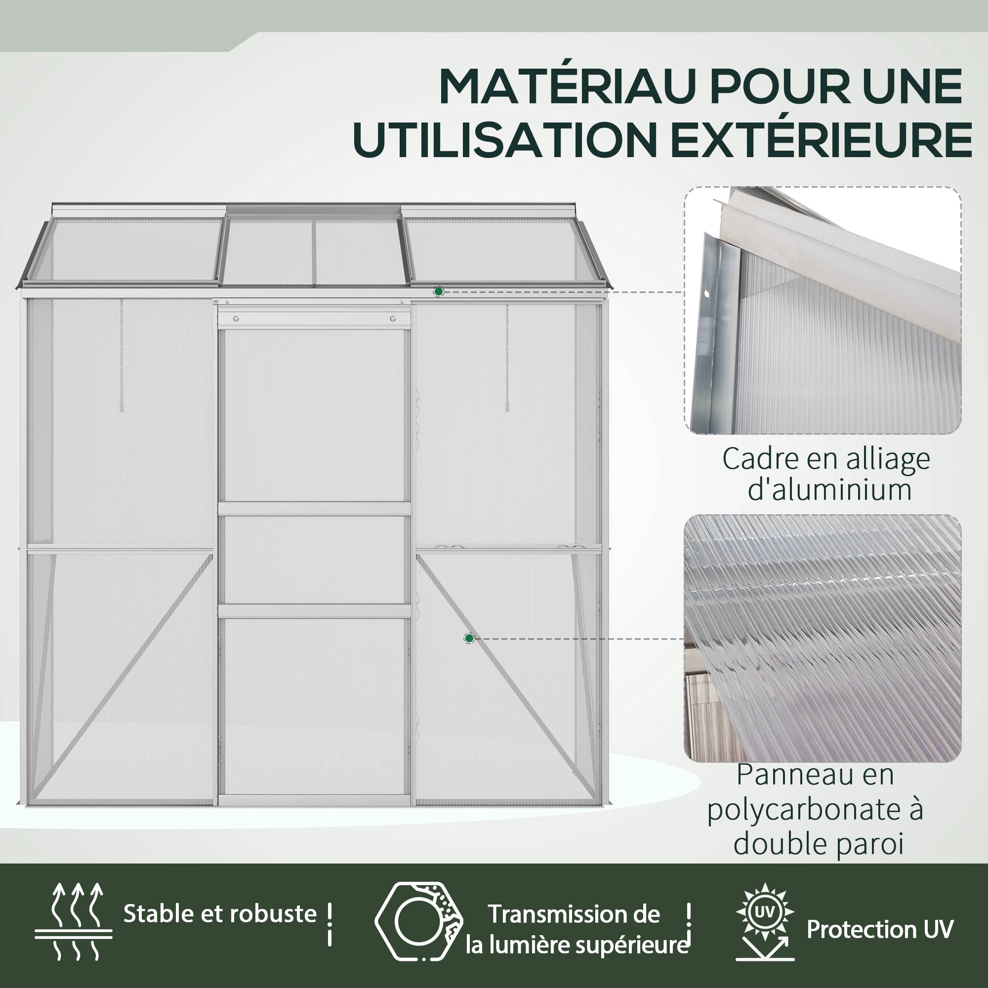 Serre adossée serre de jardin fenêtres ouvrables à 5 niveaux panneau en PC cadre aluminium 192 x 68 x 196 cm transparent - Image 9