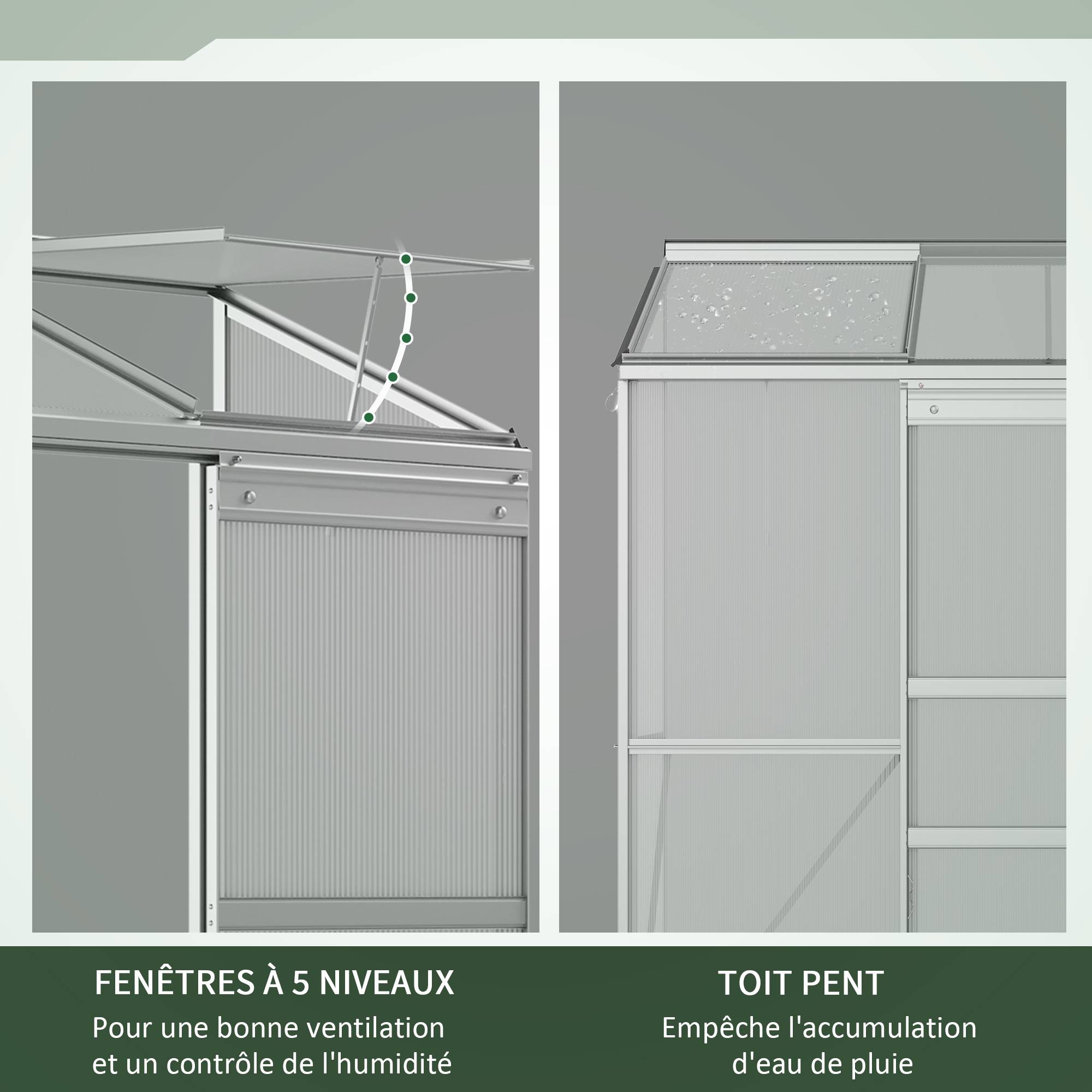 Serre adossée serre de jardin fenêtres ouvrables à 5 niveaux panneau en PC cadre aluminium 192 x 68 x 196 cm transparent - Image 7