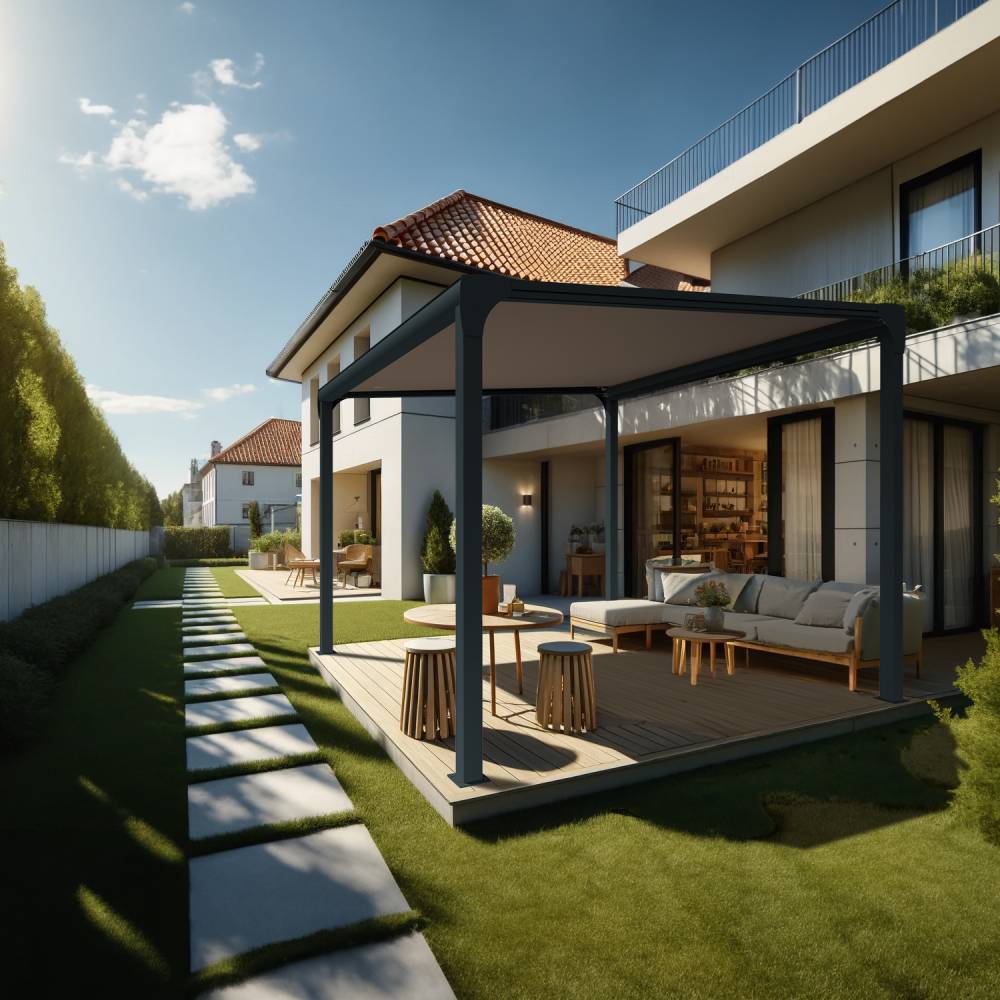 Pergola toile TILA îlot 4,00x3,00m Motorisé à télécommande + manœuvre de secours (Taupe - Gris anthracite) - Alia Productions - Imagen 1