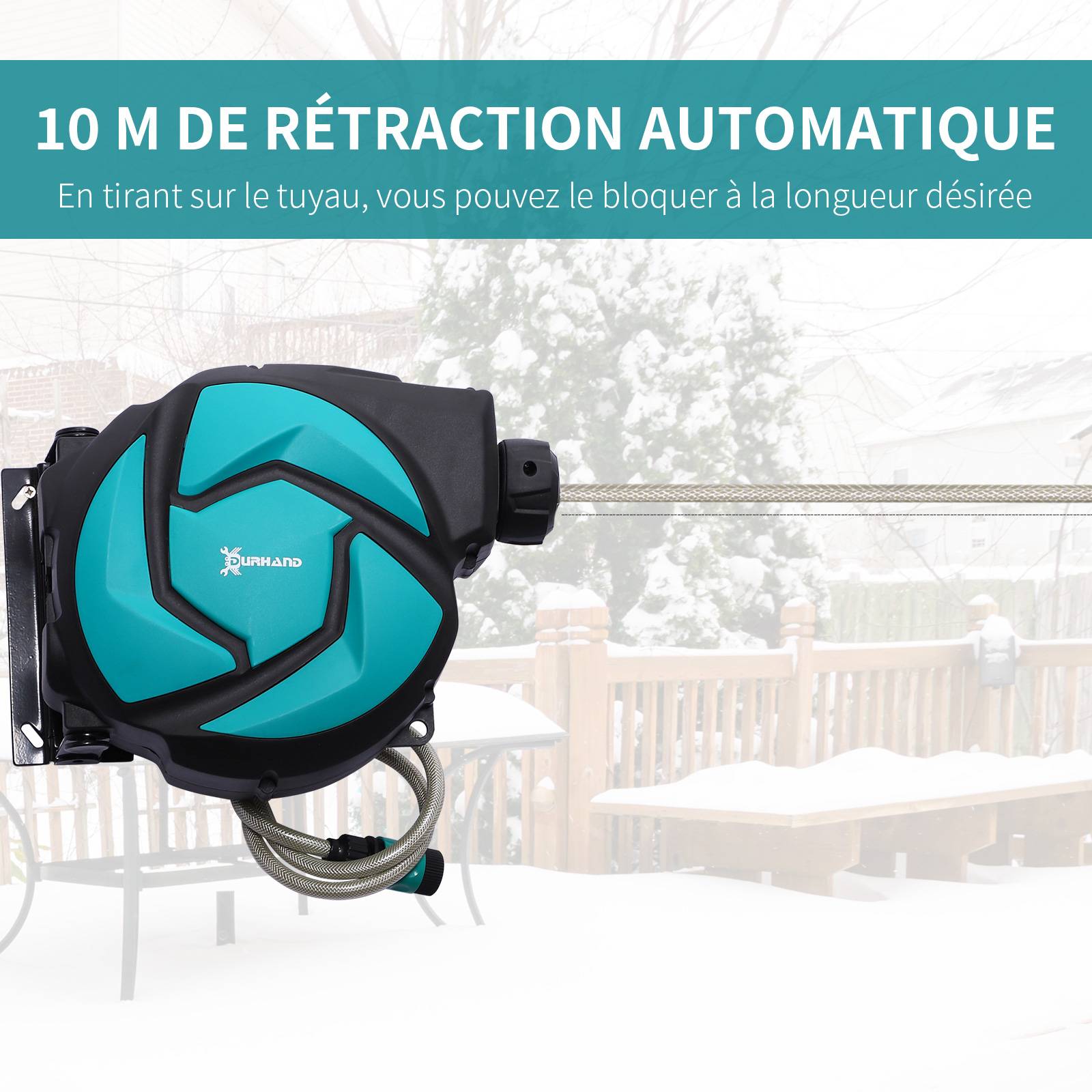 Outsunny - Dévidoir mural enrouleur automatique pivotant 180° tuyau 10 + 1 m avec lance arrosage support mural intégré turquoise noir - Outsunny - Image 6