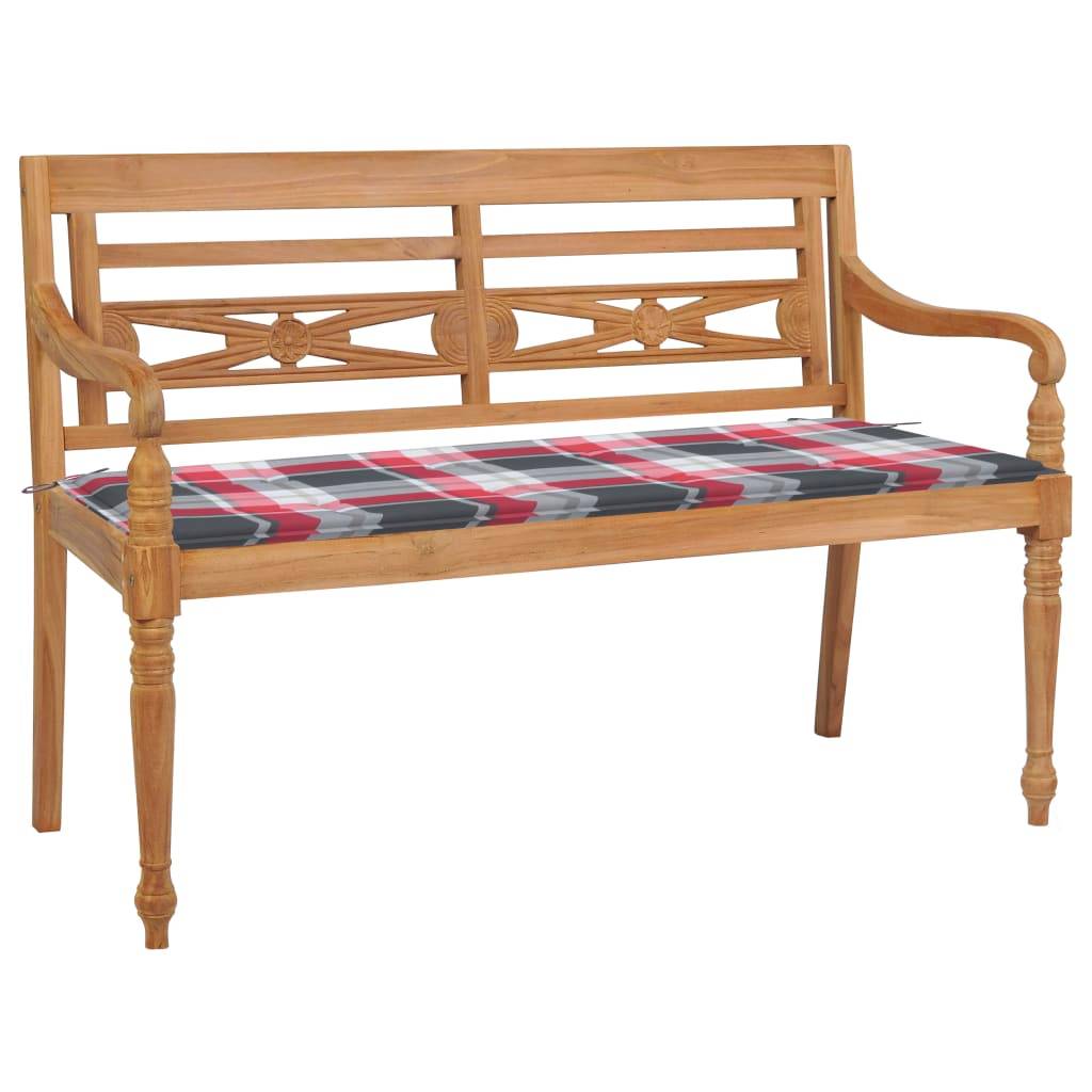 Helloshop26 - Banc de jardin meuble de patio d'extérieur terrasse avec coussin à carreaux rouge 120 x 51,5 x 84 cm bois de teck - Imagen 1
