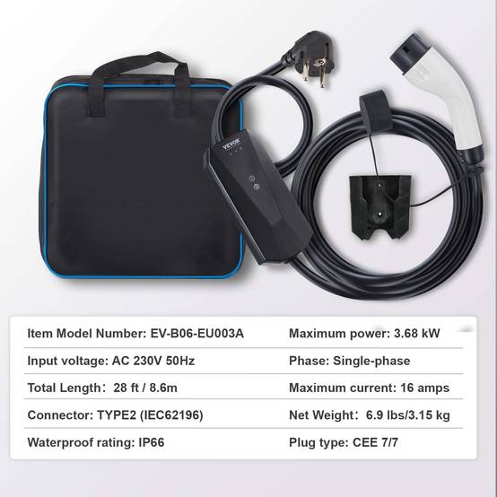 VEVOR Chargeur EV portable Type 2, 16A 3,7kW, câble 8,6m, prise CEE 7/7, étanche IP66 avec sac. - Image 7