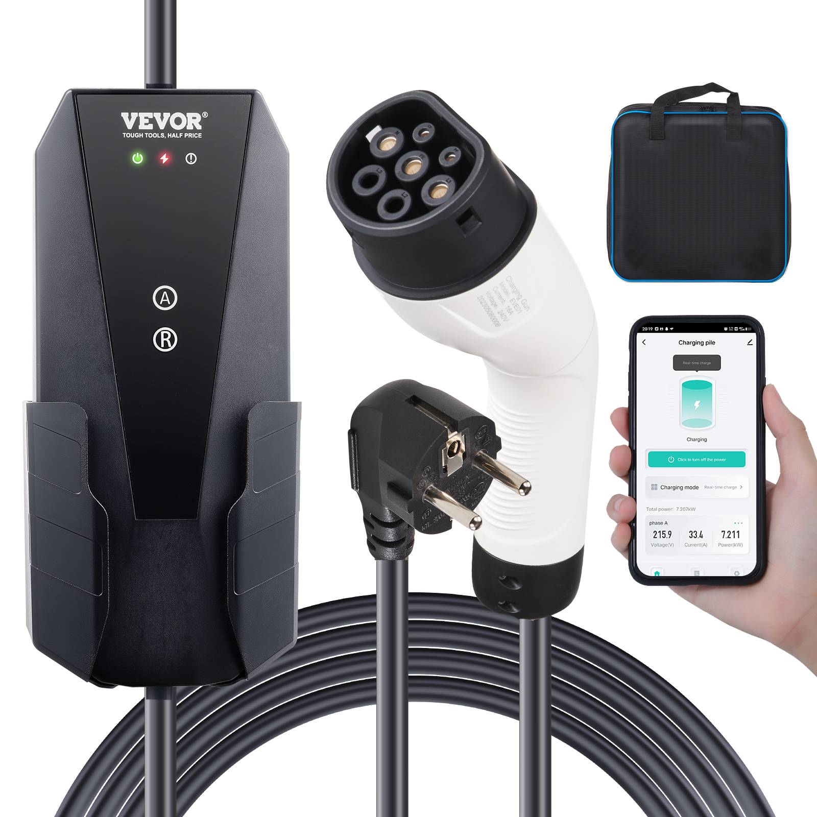 VEVOR Chargeur EV portable Type 2, 16A 3,7kW, câble 8,6m, prise CEE 7/7, étanche IP66 avec sac. - Image 1