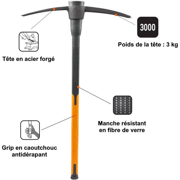 Gt Garden - Pioche avec manche en fibre de verre - 3 kg - GT GARDEN - Imagen 2
