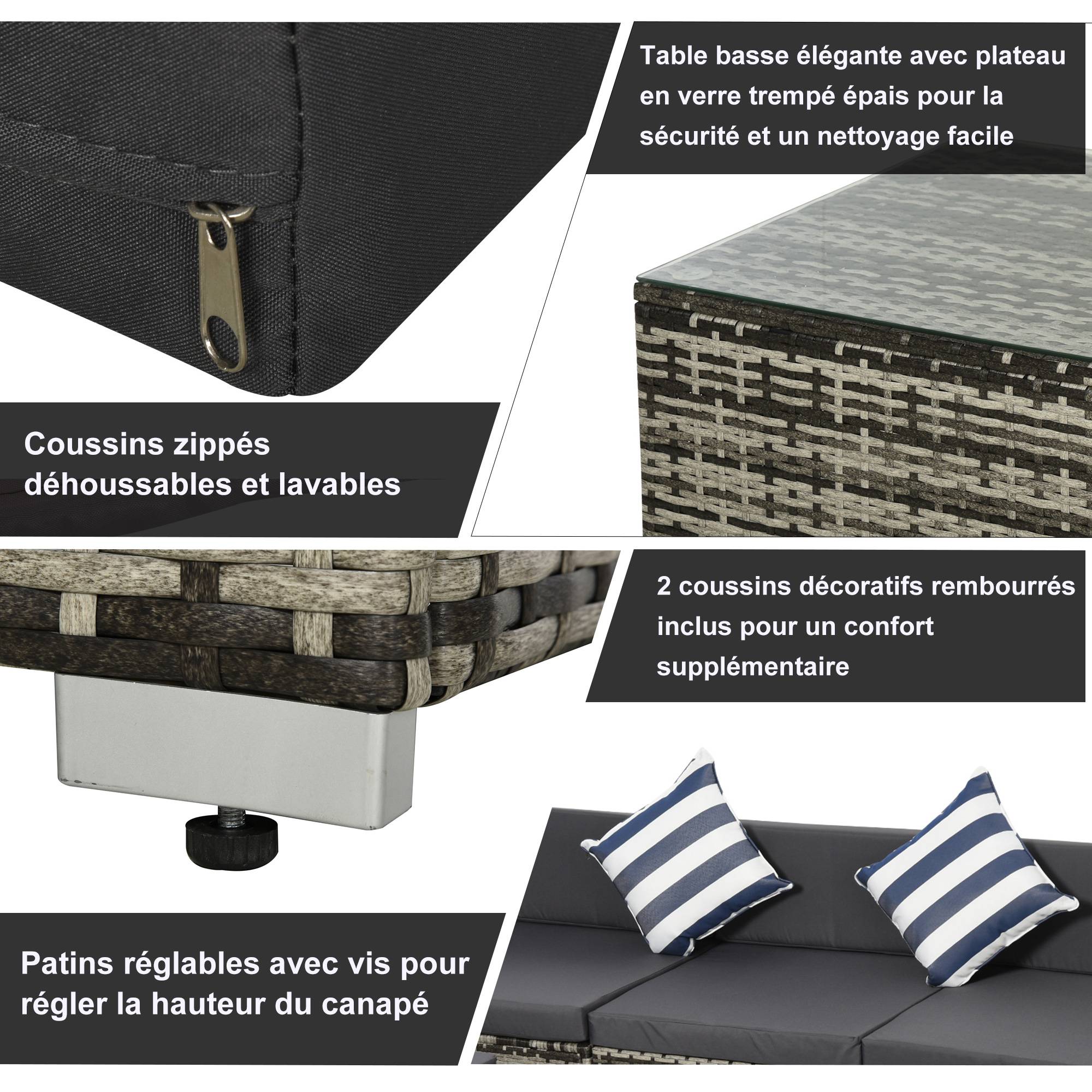 Outsunny - Ensemble salon de jardin 4 places 5 pièces coussins zippés déhoussables polyester résine tressée gris - Outsunny - Imagen 6