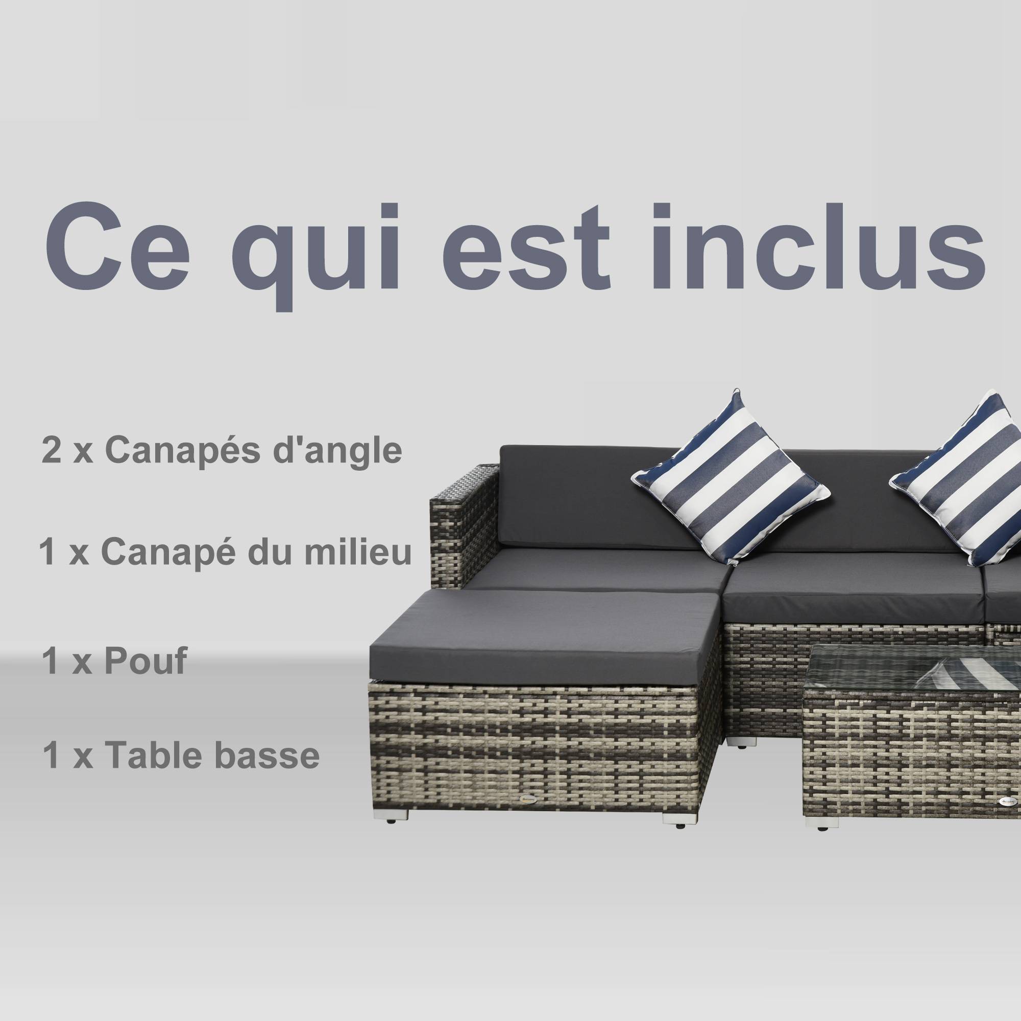 Outsunny - Ensemble salon de jardin 4 places 5 pièces coussins zippés déhoussables polyester résine tressée gris - Outsunny - Imagen 7