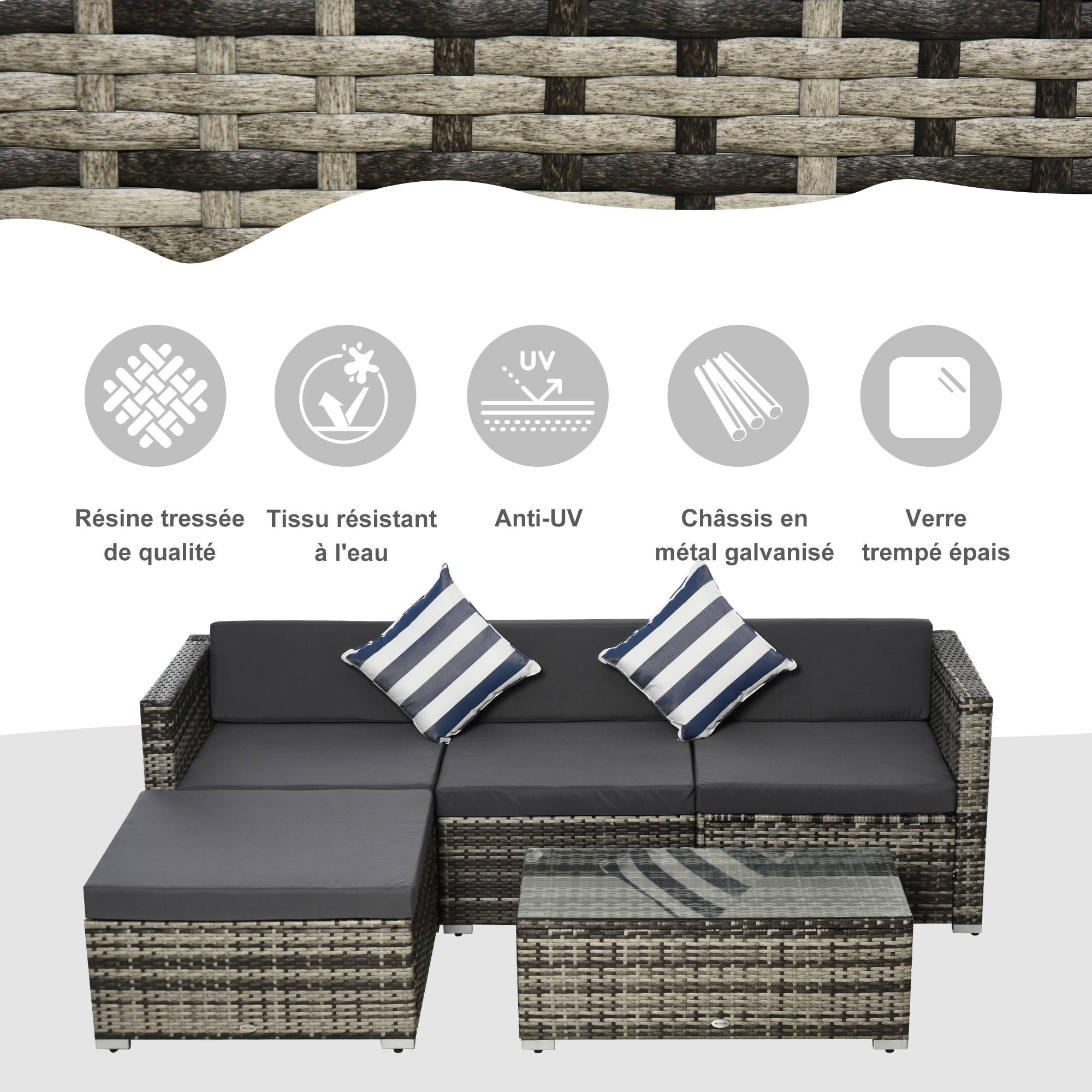 Outsunny - Ensemble salon de jardin 4 places 5 pièces coussins zippés déhoussables polyester résine tressée gris - Outsunny - Imagen 4