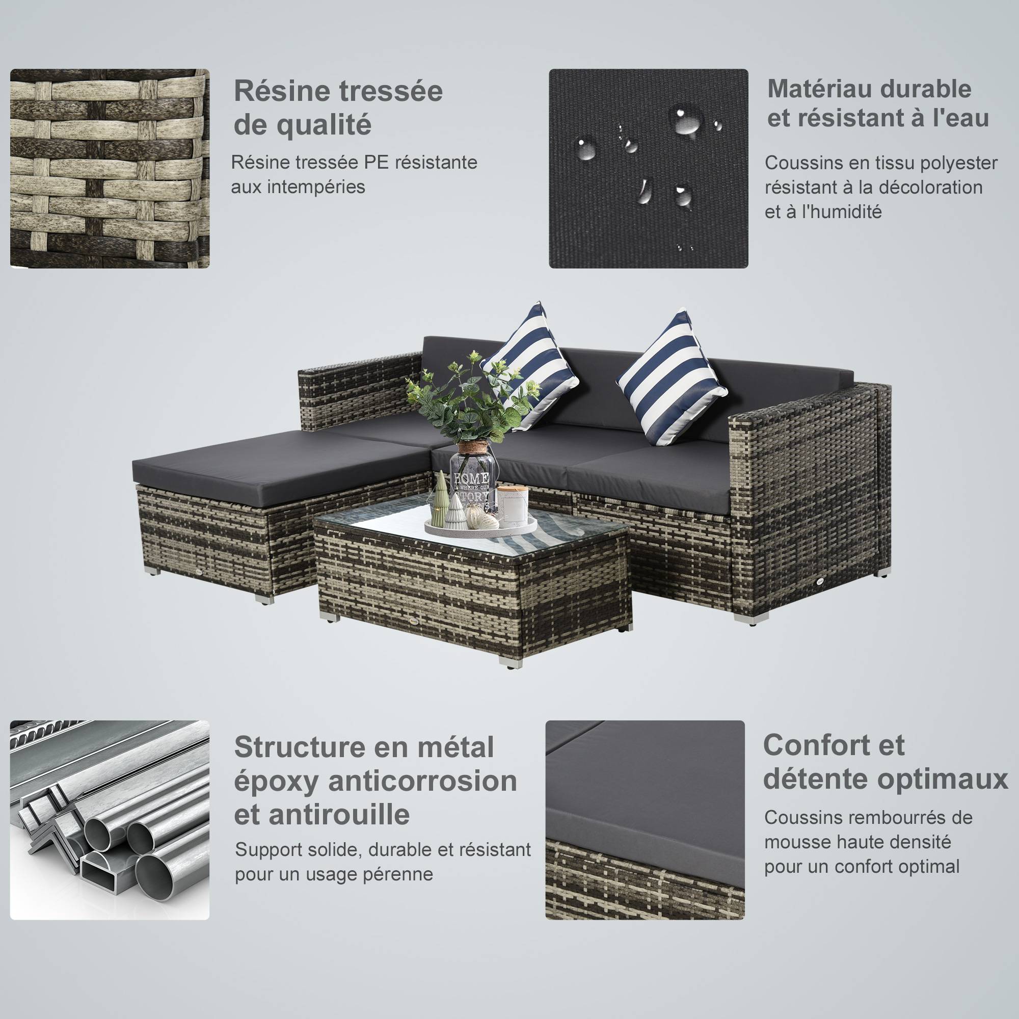 Outsunny - Ensemble salon de jardin 4 places 5 pièces coussins zippés déhoussables polyester résine tressée gris - Outsunny - Imagen 5