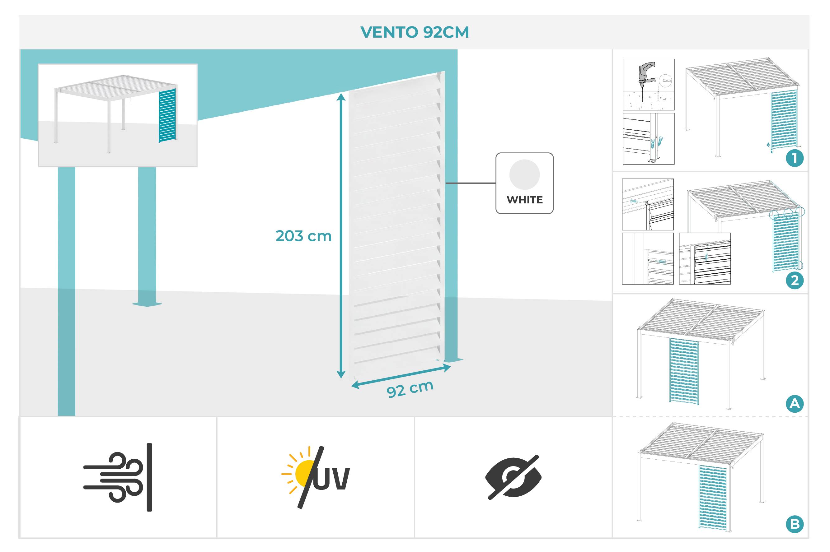 Cazeboo Pergola bioclimatique autoportée 3x3 m PIANA aluminium blanc avec 1 persienne brise-vue - Image 3
