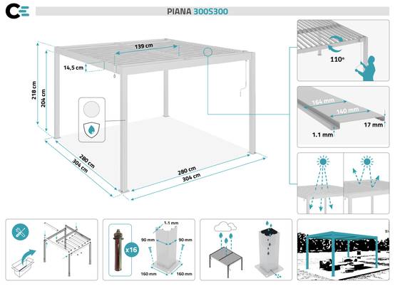 Cazeboo Pergola bioclimatique autoportée 3x3 m PIANA aluminium blanc avec 1 persienne brise-vue - Image 2