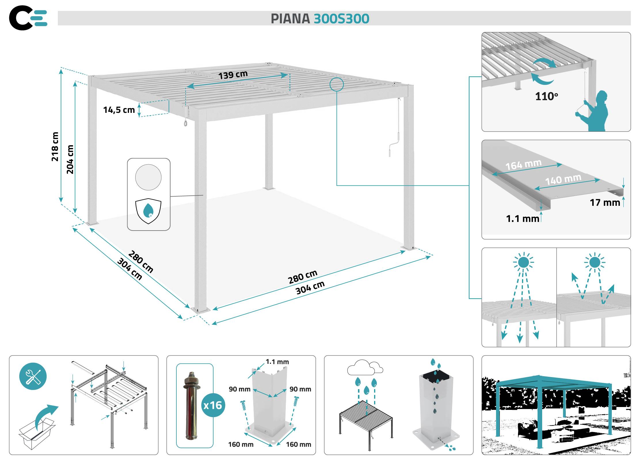 Cazeboo Pergola bioclimatique autoportée 3x3 m PIANA aluminium blanc avec 1 persienne brise-vue - Image 2
